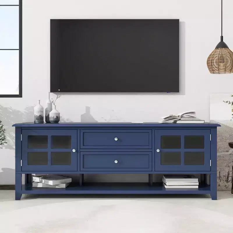 Mid-Century TV Stand with 2 Glass Doors & 2Drawers, Minimalist Entertainment Center for TVsUp to 60', Sturdy Console for Living Room &Bedroom