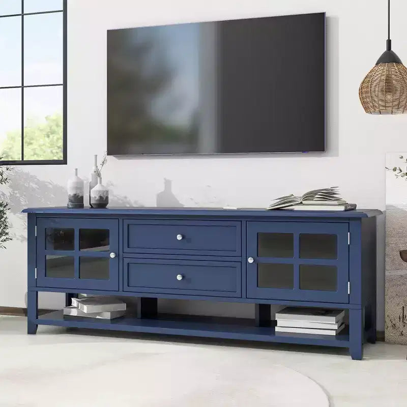 Mid-Century TV Stand with 2 Glass Doors & 2Drawers, Minimalist Entertainment Center for TVsUp to 60', Sturdy Console for Living Room &Bedroom