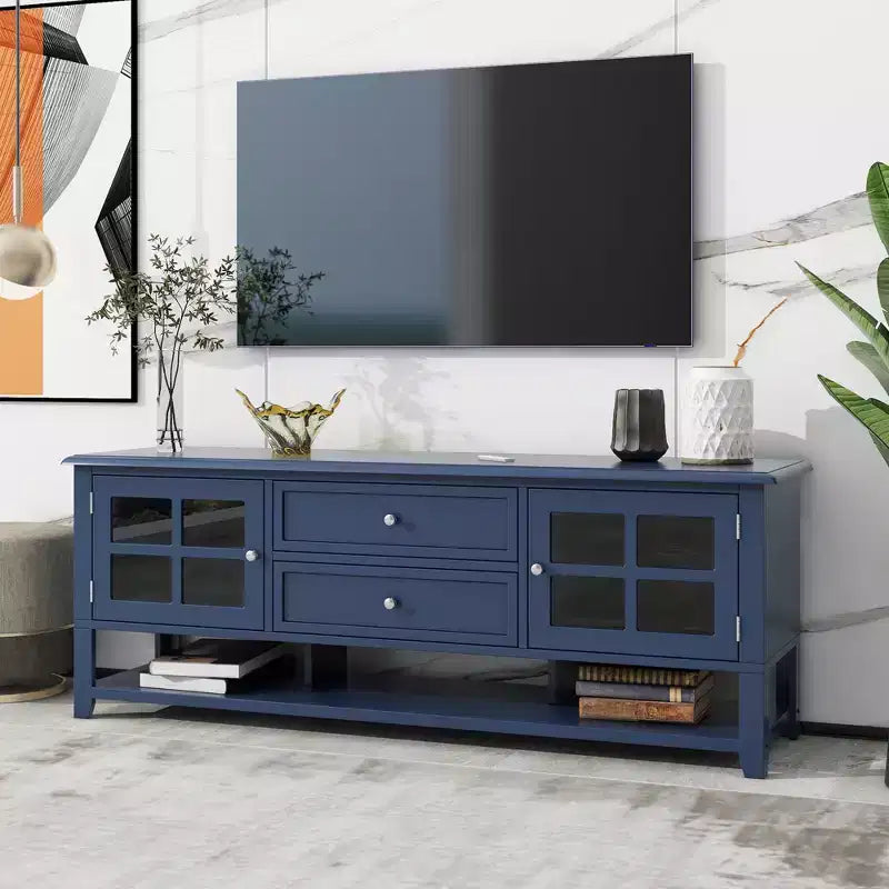 Mid-Century TV Stand with 2 Glass Doors & 2Drawers, Minimalist Entertainment Center for TVsUp to 60', Sturdy Console for Living Room &Bedroom