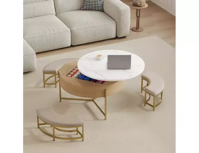 Modern White + Black Round Coffee Table with Lift-Top, Storage, and 3 Ottomans