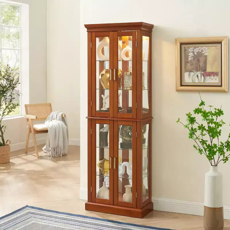 Lighted 70 Corner Display Cabinet, 6 Adjustable Glass Shelves, Engineered Wood Storage Showcase for Living Room, Tall Display Cabinet