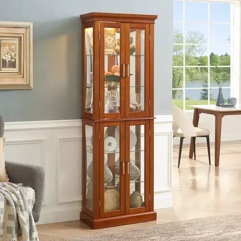 Lighted 70 Corner Display Cabinet, 6 Adjustable Glass Shelves, Engineered Wood Storage Showcase for Living Room, Tall Display Cabinet