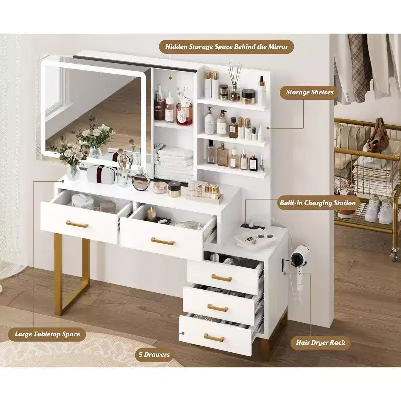 Makeup Vanity Desk with Sliding Mirror and Lights, Large Dressing Table with Charging Station,3 Lighting Modes, 5 Drawers and 3 Tiers of Open Shelves