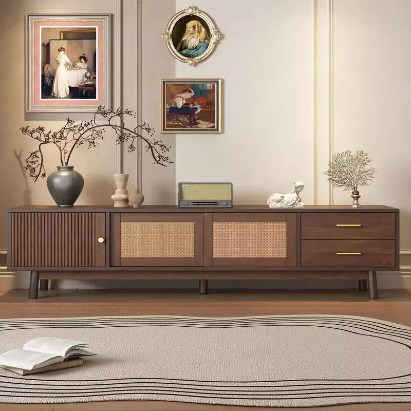 Mid Century Modern TV Stand for 80 TVs Entertainment Center with Sliding Doors and Drawers TV Table with Storage for Living Room/Bedroom Brown