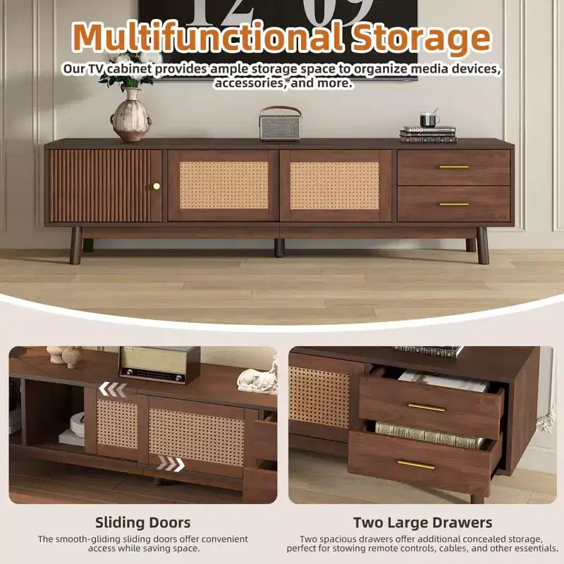 Mid Century Modern TV Stand for 80 TVs Entertainment Center with Sliding Doors and Drawers TV Table with Storage for Living Room/Bedroom Brown