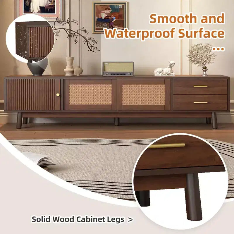 Mid Century Modern TV Stand for 80 TVs Entertainment Center with Sliding Doors and Drawers TV Table with Storage for Living Room/Bedroom Brown