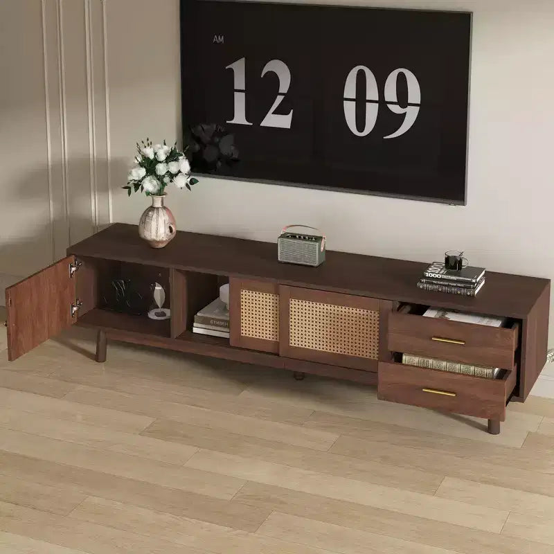 Mid Century Modern TV Stand for 80 TVs Entertainment Center with Sliding Doors and Drawers TV Table with Storage for Living Room/Bedroom Brown