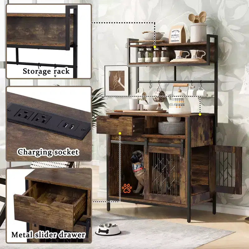 31.5 Inch Dog Crate Furniture with Drawers & Charging Station, Double Door Indoor Kennel with Storage, Rustic Brown