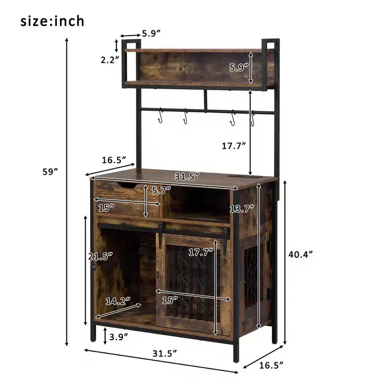 31.5 Inch Dog Crate Furniture with Drawers & Charging Station, Double Door Indoor Kennel with Storage, Rustic Brown