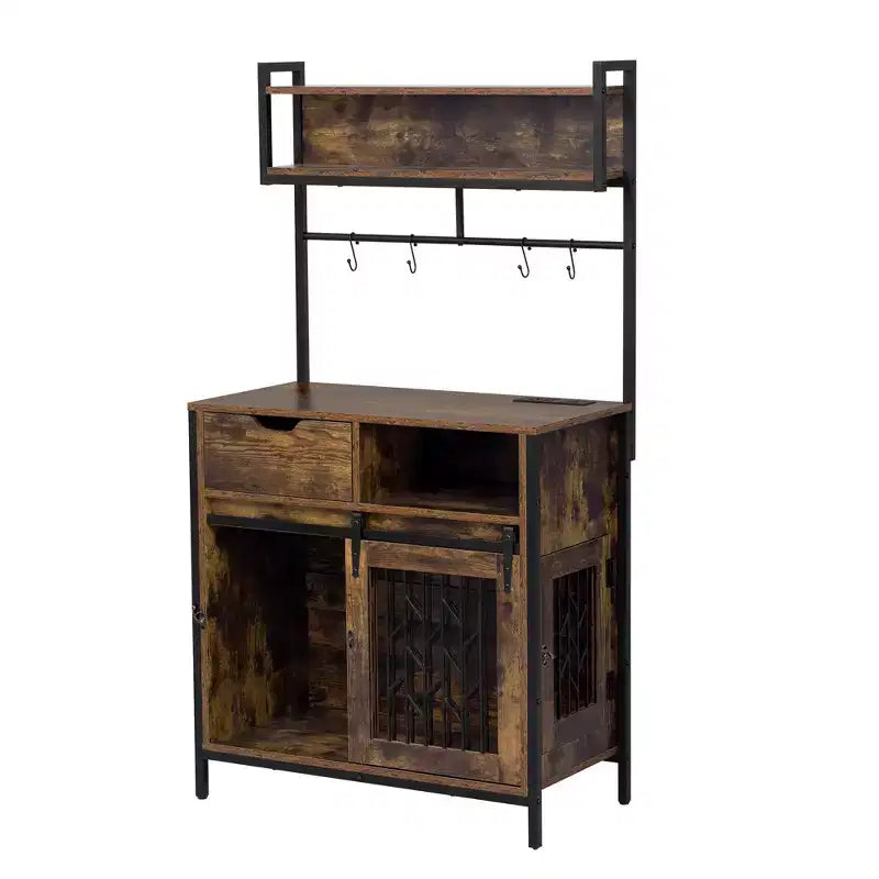31.5 Inch Dog Crate Furniture with Drawers & Charging Station, Double Door Indoor Kennel with Storage, Rustic Brown