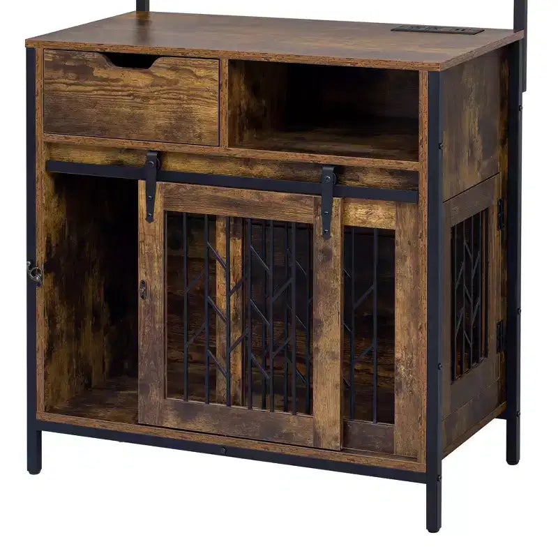 31.5 Inch Dog Crate Furniture with Drawers & Charging Station, Double Door Indoor Kennel with Storage, Rustic Brown