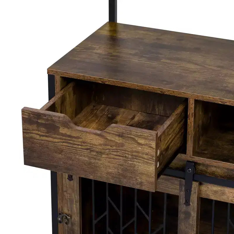 31.5 Inch Dog Crate Furniture with Drawers & Charging Station, Double Door Indoor Kennel with Storage, Rustic Brown