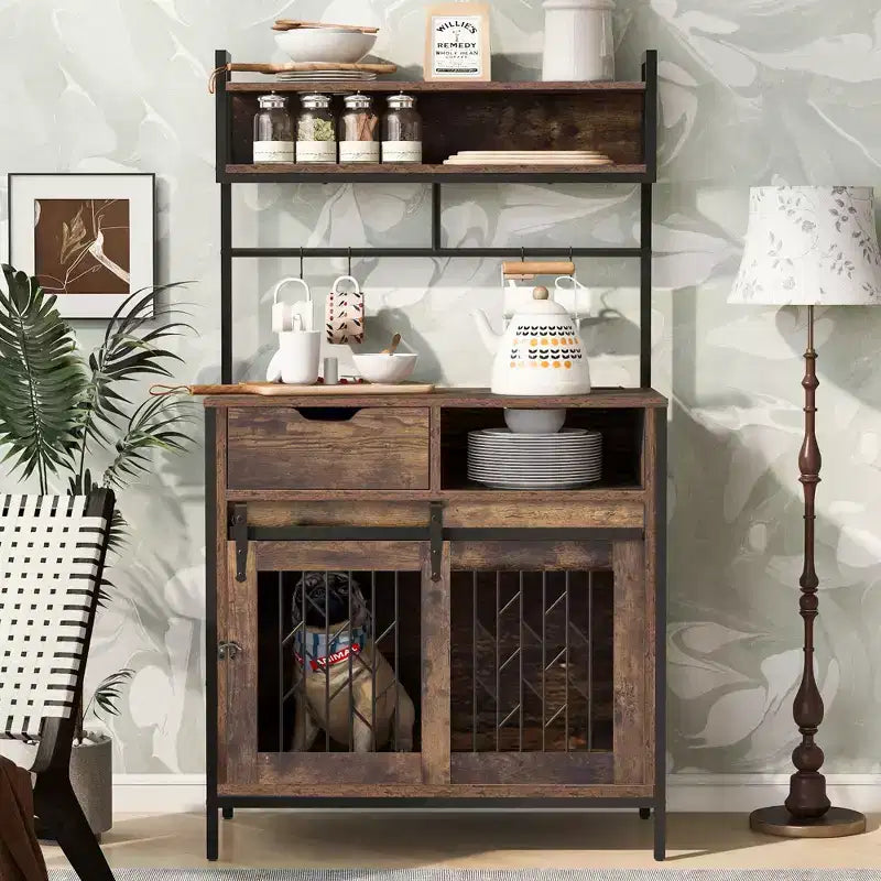 31.5 Inch Dog Crate Furniture with Drawers & Charging Station, Double Door Indoor Kennel with Storage, Rustic Brown