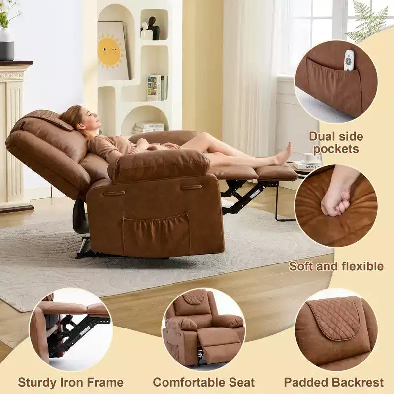 Oversized Massage Recliner Chair for Adults, PU Leather Heated Single Sofa with Vibration & Heat, Side Pocket, Reclining Sofa (Brown)