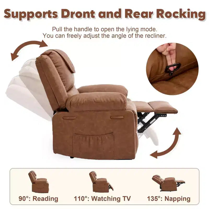 Oversized Massage Recliner Chair for Adults, PU Leather Heated Single Sofa with Vibration & Heat, Side Pocket, Reclining Sofa (Brown)