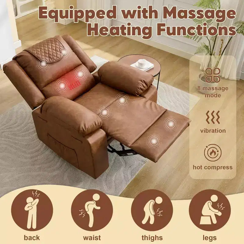 Oversized Massage Recliner Chair for Adults, PU Leather Heated Single Sofa with Vibration & Heat, Side Pocket, Reclining Sofa (Brown)