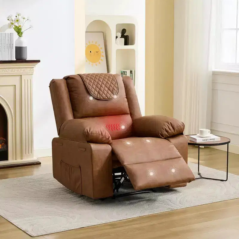 Oversized Massage Recliner Chair for Adults, PU Leather Heated Single Sofa with Vibration & Heat, Side Pocket, Reclining Sofa (Brown)