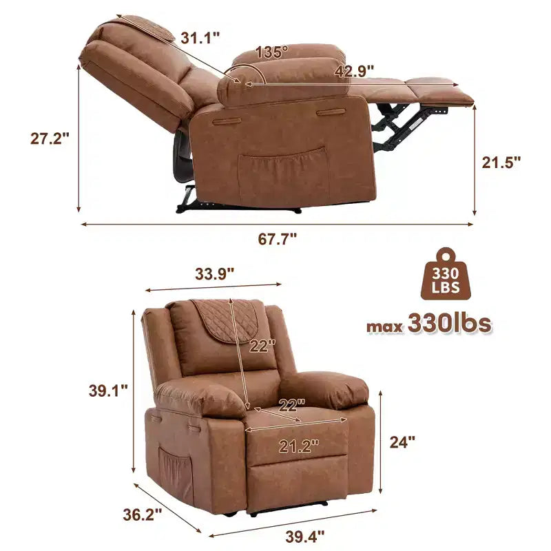 Oversized Massage Recliner Chair for Adults, PU Leather Heated Single Sofa with Vibration & Heat, Side Pocket, Reclining Sofa (Brown)