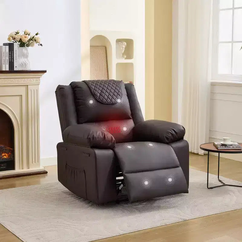 Oversized Massage Recliner Chair for Adults, PU Leather Heated Single Sofa with Vibration & Heat, Side Pocket, Reclining Sofa (Brown)