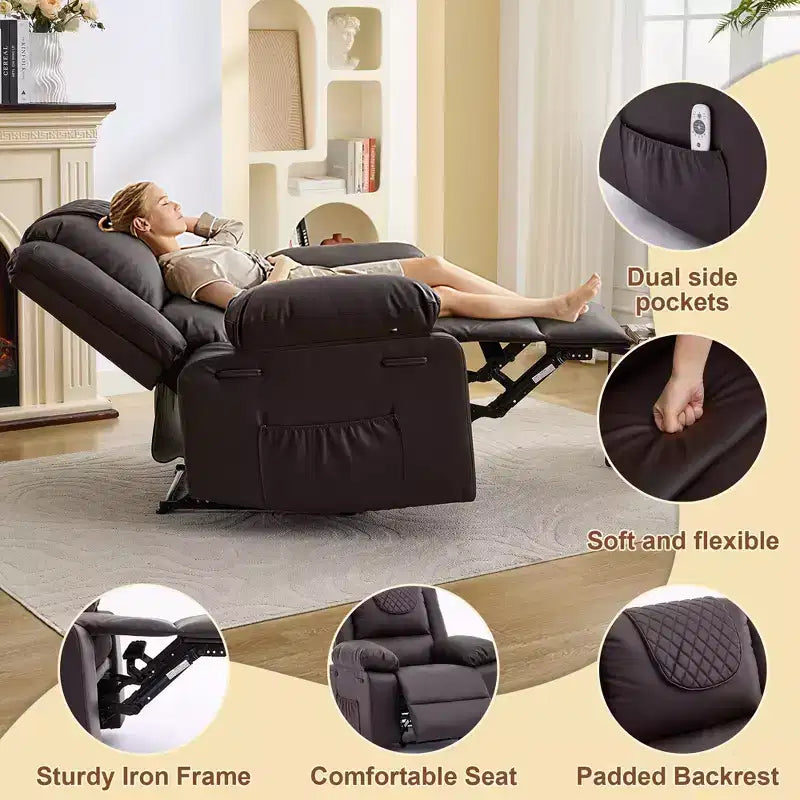 Oversized Massage Recliner Chair for Adults, PU Leather Heated Single Sofa with Vibration & Heat, Side Pocket, Reclining Sofa (Brown)