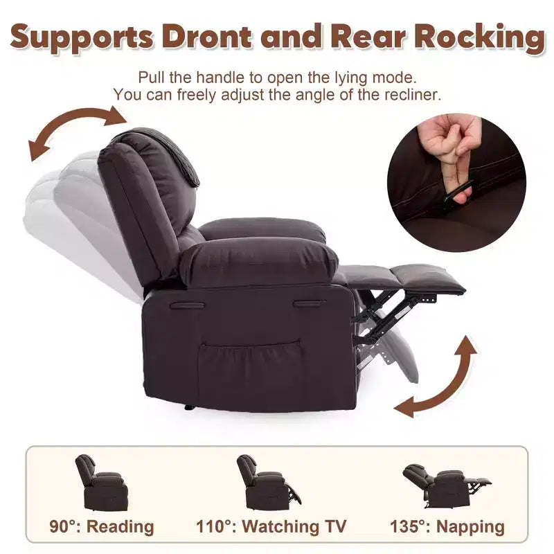 Oversized Massage Recliner Chair for Adults, PU Leather Heated Single Sofa with Vibration & Heat, Side Pocket, Reclining Sofa (Brown)
