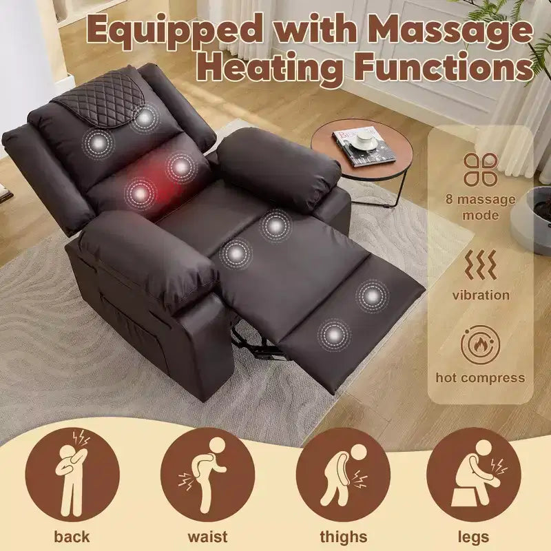 Oversized Massage Recliner Chair for Adults, PU Leather Heated Single Sofa with Vibration & Heat, Side Pocket, Reclining Sofa (Brown)