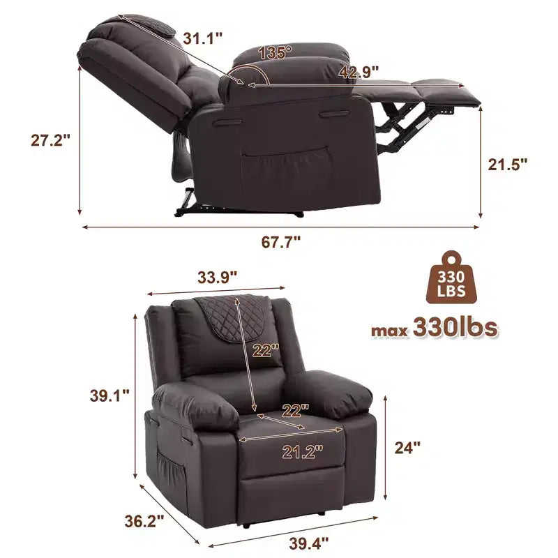 Oversized Massage Recliner Chair for Adults, PU Leather Heated Single Sofa with Vibration & Heat, Side Pocket, Reclining Sofa (Brown)