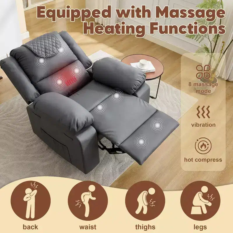 Oversized Massage Recliner Chair for Adults, PU Leather Heated Single Sofa with Vibration & Heat, Side Pocket, Reclining Sofa (Brown)