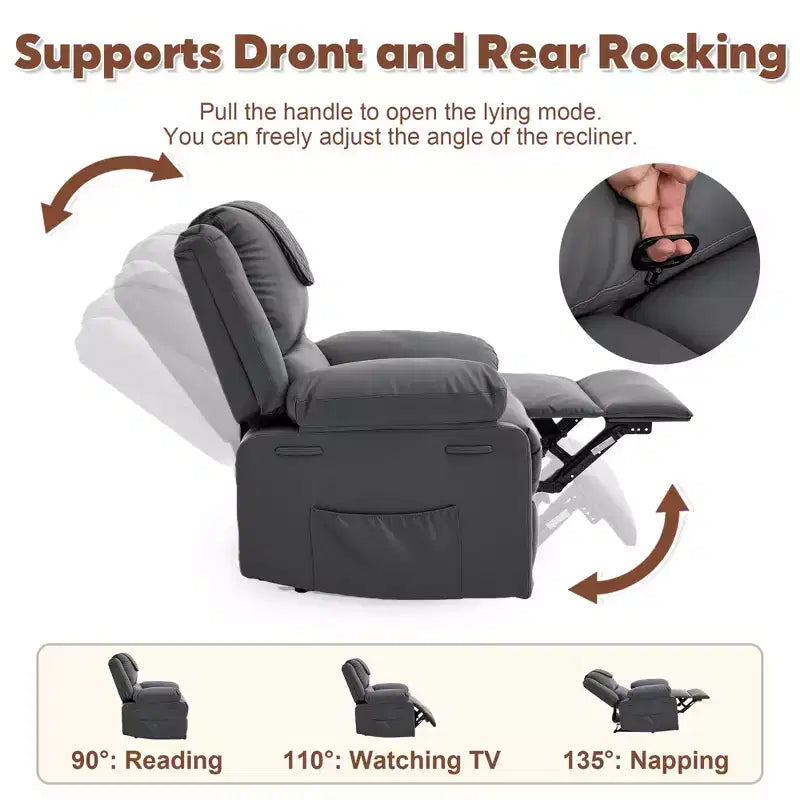 Oversized Massage Recliner Chair for Adults, PU Leather Heated Single Sofa with Vibration & Heat, Side Pocket, Reclining Sofa (Brown)
