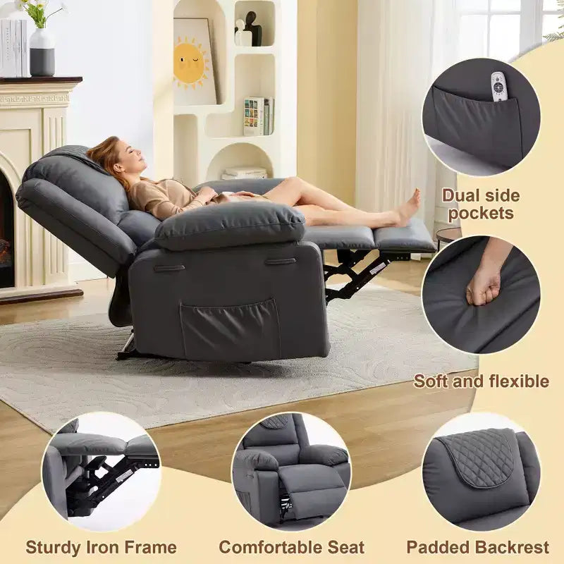 Oversized Massage Recliner Chair for Adults, PU Leather Heated Single Sofa with Vibration & Heat, Side Pocket, Reclining Sofa (Brown)