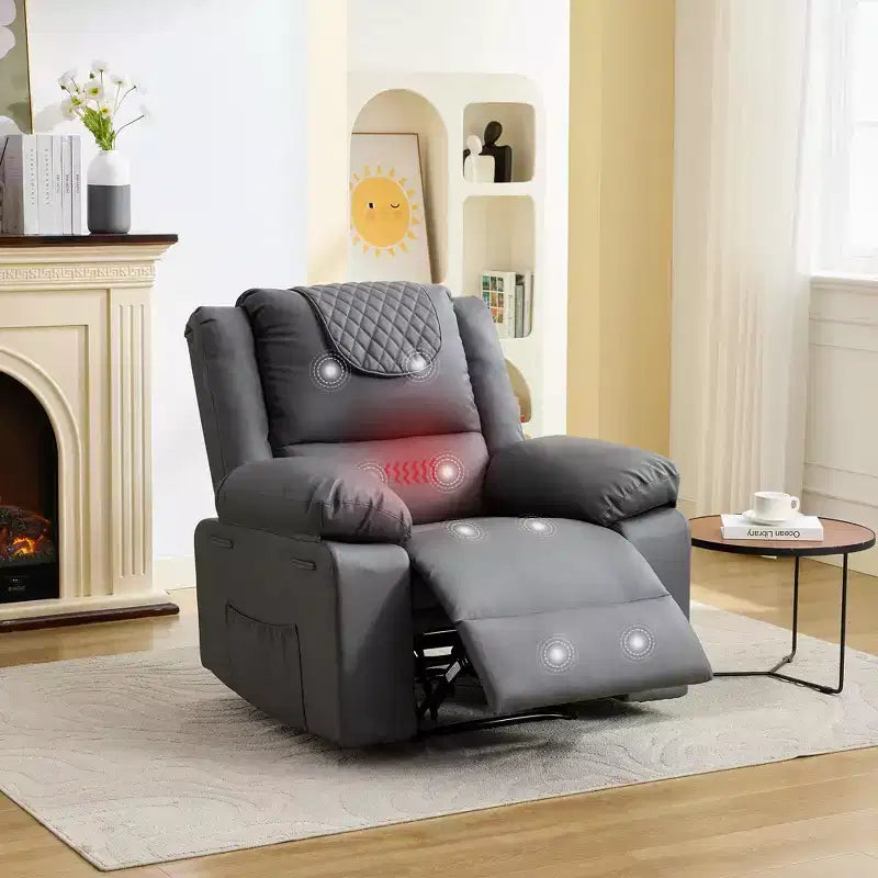 Oversized Massage Recliner Chair for Adults, PU Leather Heated Single Sofa with Vibration & Heat, Side Pocket, Reclining Sofa (Brown)