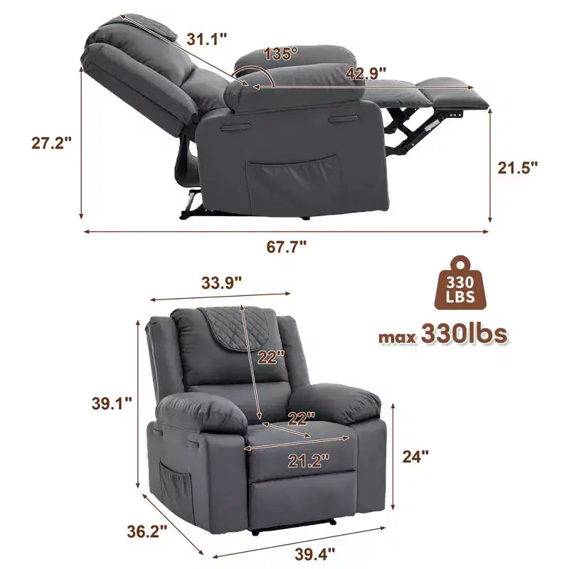 Oversized Massage Recliner Chair for Adults, PU Leather Heated Single Sofa with Vibration & Heat, Side Pocket, Reclining Sofa (Brown)