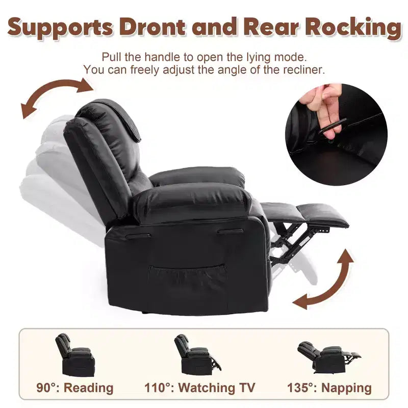 Oversized Massage Recliner Chair for Adults, PU Leather Heated Single Sofa with Vibration & Heat, Side Pocket, Reclining Sofa (Brown)