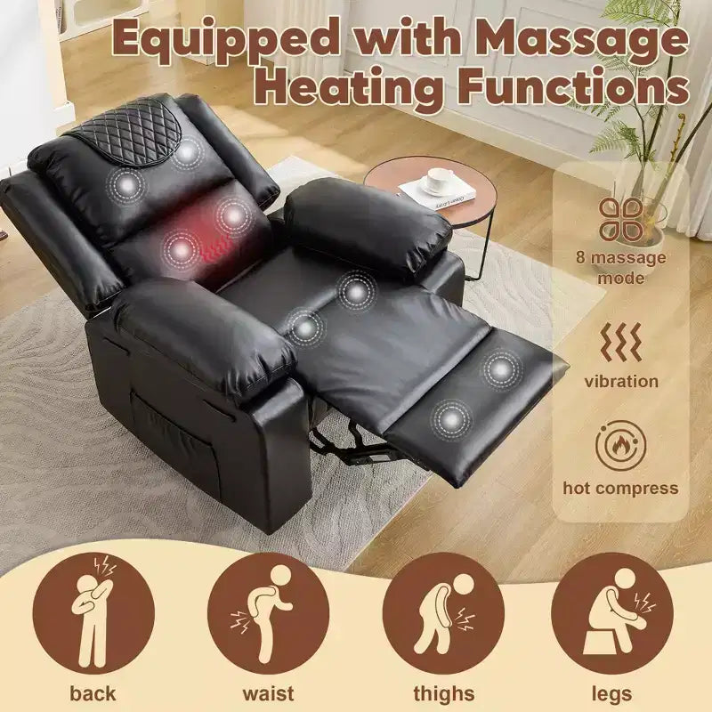 Oversized Massage Recliner Chair for Adults, PU Leather Heated Single Sofa with Vibration & Heat, Side Pocket, Reclining Sofa (Brown)