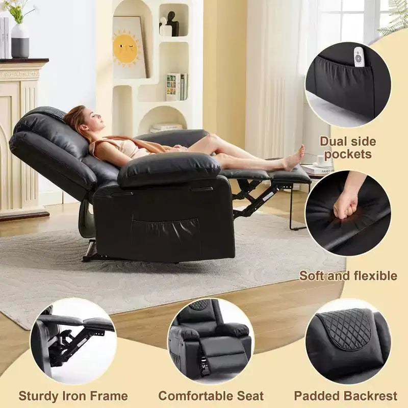 Oversized Massage Recliner Chair for Adults, PU Leather Heated Single Sofa with Vibration & Heat, Side Pocket, Reclining Sofa (Brown)