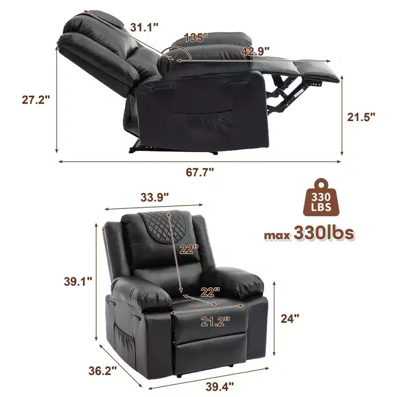 Oversized Massage Recliner Chair for Adults, PU Leather Heated Single Sofa with Vibration & Heat, Side Pocket, Reclining Sofa (Brown)