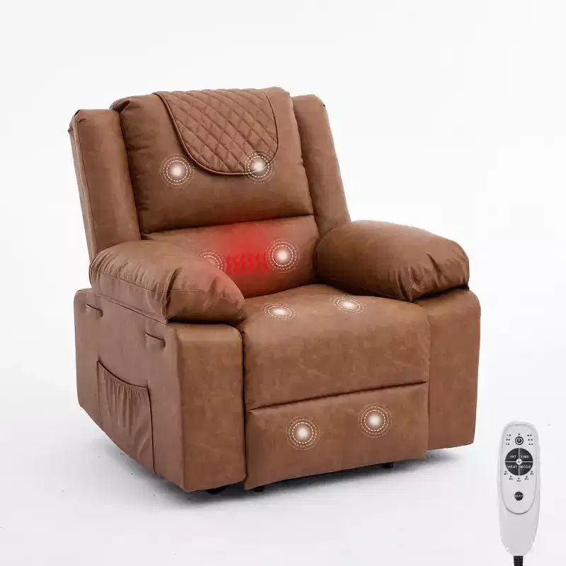 Oversized Massage Recliner Chair for Adults, PU Leather Heated Single Sofa with Vibration & Heat, Side Pocket, Reclining Sofa (Brown)