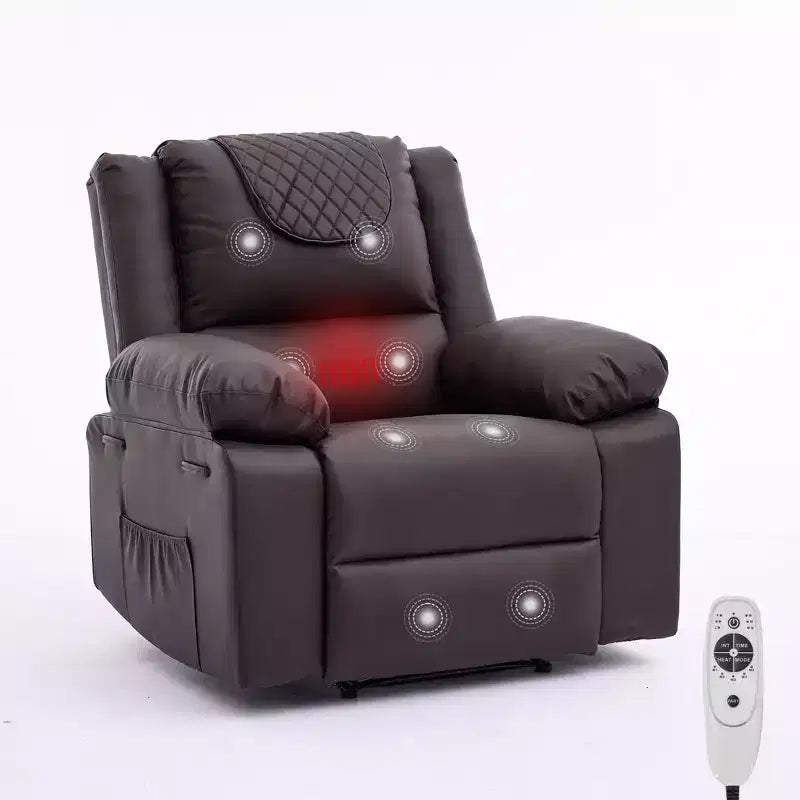 Oversized Massage Recliner Chair for Adults, PU Leather Heated Single Sofa with Vibration & Heat, Side Pocket, Reclining Sofa (Brown)